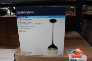 290 · WESTINGHOUSE MINI PENDANT LIGHT, MATTE BLACK FINISH WITH MATTE BLACK AND AMBER GLASS, ADJUSTABLE CORD LENGTH UP TO 50", HEIGHT: 65.55", DIAMETER: 7.87", CODE: 6345935