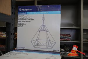 WESTINGHOUSE LIGHT PENDANT, BRUSHED NICKEL FINISH WITH FROSTED OPAL GLASS, HEIGHT: 19.37", DIAMETER: 15.91", CHAIN: 36", WIRE: 36", CODE: 632435