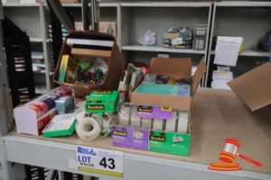 43 · BUNDLE OF ITEMS INCLUDING: STICKEY TAPES, STAMPS, PINS, STAPLES ETC