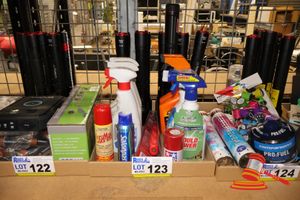 123 · TRAY OF ASSORTED ITEMS INCUDING 6 X INFINITY X1 7000 TORCHES, 1 X COLEMAB LED TORCH, ASSORTED CLEANERS, AMORAL PROTECTANT & GAS LIGHTERS