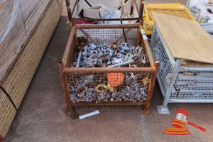 12 · PALLET OF SCAFFOLDING CLAMPS, FITTINGS AND HARDWARE, INCLUDES: APPROX 100+ X GALVANISED SCAFFOLDING CLAMPS, SWIVEL COUPLERS, FIXED COUPLERS, PUTLOG COUPLERS, VARIOUS MANUFACTURERS, ALSO INCLUDES: CHAINS, THREADED RODS, 1 X CROSBY SNATCH BLOCK WITH YELLOW HOOK, VARIOUS OTHER HARDWARE (USED, SOME RUST / WEAR)