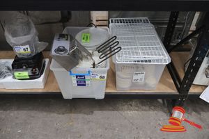 68 · COMMERCIAL DEEP FRYER ELEMENT, 2 X PLASTIC STORAGE BINS, INCLUDES APPROX 50 DINNER PLATES, APPROX 40 SAUCERS, 3 X WIRE RACK/SHELVING
