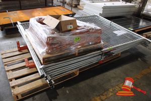 90 · 11 X TEMP FENCE PANELS (WITH BRACKETS). APPROX 2400 X 2100MM AND 1 X PALLET OF APPROX 12 X CONCRETE FEET