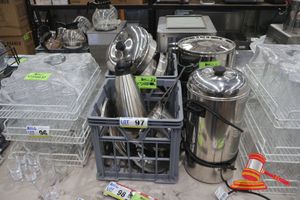 97 · 2 X STAINLESS STEEL URNS WITH LIDS AND 2 X CRATES OF ASSORTED URN COMPONENTS