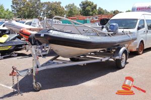 Alutech Water Craft P/L 4.1m Aluminium Tender Boat Black/Aluminium Reg #: MH6935 **Please Note This Is Not A Normal Boat Registration This Is Registered & Classed As A Non Survey Vessel, For More Information Maritime Vessels Can Answer Further Questions.** Features: Yamaha 60HP 4 Stroke Outboard Motor, Red Fuel Tank, Anchor, Battery, Length 4.1m, Breadth 1.8m. (*S862*) Condition: **Small Crack To RH Of Outboard Motor Casing, No HIN # As Non Survey Vessel. ** Panel: FAIR, Upholstery: FAIR, Overal