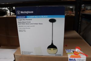 291 · WESTINGHOUSE MINI PENDANT LIGHT, MATTE BLACK FINISH WITH MATTE BLACK AND AMBER GLASS, ADJUSTABLE CORD LENGTH UP TO 50", HEIGHT: 65.55", DIAMETER: 7.87", CODE: 6345935