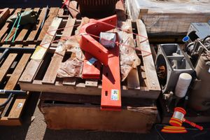 Heavy Duty Cross Belt Mounting Plus Polyurethane Bracket, Red , V-Shaped With Flat Base Plate, Multiple Mounting Holes, Approx 1000mm W X 400mm H X 300mm D (Some Marks )