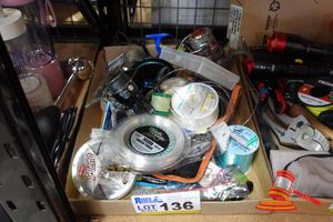 TRAY OF ASSORTED FISHING TACKLE INCLUDING LINES, LURES, HOOKS AND REELS