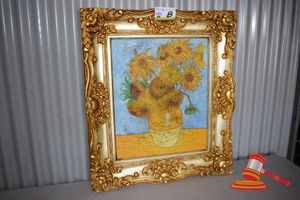 Reproduction Oil on Canvas Sunflower Series by Vincent Van Gogh Mounted in Ornate Gilt Edge Frame, *Dimensions of Painting: 580mm x 480mm *Dimensions of Frame: 860mm x 750mm