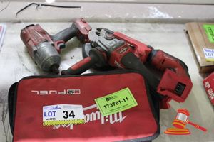 34 · ASSORTED MILWAUKEE TOOLS, INCLUDES; GRINDER, IMPACT WRENCH, CORRELATED SCREW GUN AND TECH GUN, SOME MARKS, UNTESTED