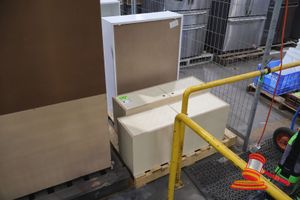 8 · 2 X PLYWOOD CABINET, WITH 2 DOORS, CONTAINS 9 X WHITE CONTAINERS, L1000 X W400 X H300 (SOME MARKS) 1 X WHITE BOOKCASE, 3 SHELF, ADJUSTABLE SHELVING, L800 X W280 X H1060