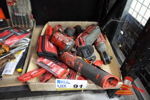 91 · MILWAUKEE M12 CHZ HACKZALL RECIPROCATING SAW, MILWAUKEE M12 FDGS DIE GRINDER, MILWAUKEE M12 FIW2F12 IMPACT WRENCH, MILWAUKEE M12 FIR38 RATCHET, PLUS VARIOUS ACCESSORIES (UNTESTED, NO BATTERIES, USED CONDITION)