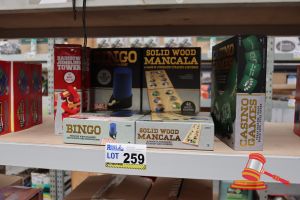 259 · BUNDLE OF TOYS INCLUDING: 1x CASINO GAMES, 2x BINGO GAMES, 2x SOLID WOOD MANCALA GAMES AND 2x RAINBOW JUMBLING TOWERS, ALL UNOPENED