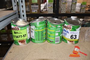 63 · 4 X NESTLE MILO CHOCOLATE MALT DRINK POWDER CANS, 460G, 23 SERVES EACH, HEAVILY DAMAGED