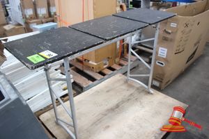 1 X ODYSSEY USA FOLDABLE DJ STAND.APPROX 1560 X 407 X H 900MM. ALUMINIUM STAND WITH 3 X TIMBER TOPS. (SOME MARKS / WEAR AND TEAR), 1 X FOOT MISSING