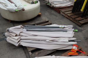 4 X OUTDOOR SHADE UMBRELLAS BEIGE COLOUR ,(3 X POLE EXTENSIONS) VARIOUS CONDITIONS, GENERAL WEAR AND TEAR