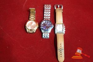AUDEMARS PIGUET QUARTZ CHRONOGRAPH WATCH, RECTANGULAR CASE, BROWN LEATHER STRAP (UNTESTED) AUTHENTICITY UNVERIFIED MICHAEL KORS CHRONOGRAPH WATCH, ROSE GOLD TONE, ROMAN NUMERALS, METAL BRACELET (UNTESTED) GUESS SPORT WATCH, BLUE DIAL, DAY/DATE, STAINLESS