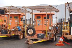 15 · UON 45KW HEADWORKS DEWATERING TANDEM TRAILER ORANGE, 26-93kw BORE PUMP CONTROL PANEL (PARTS MISSING) PIPE WITH VALVES & FITTINGS, STABILIZER LEGS, RING HITCH, VIN NOT SIGHTED, SERIAL# UON-IRL-0080, GYM 3000kg , HRS NOT SIGHTED ASSET#TA1978