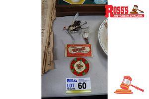 60 · 1 X OXFORD SUEDE HEEL GRIPS, 1 X CELLOTAPE TIN, 2 X VINTAGE FISHING LURE WITH FEATHERS (POSS UNUSED / VINTAGE)