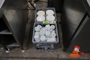 31 · APPROX 50 X WHITE CERAMIC SAUCER AND APPROX 50 X WHITE CERAMIC MUG, COMMERCIAL GRADE, IN 2 X GREY PLASTIC CRATES