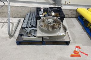Pallet Of Assorted Items Including: Pallet Racking Base Plates, Door Stoppers, Wheels, 2 X 500mm Industrial Extraction Fans