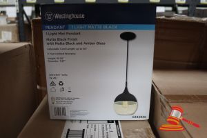 Westinghouse Mini Pendant Light, Matte Black Finish With Matte Black Amber Glass, Adjustable Cord Length Up To 50", Height: 65.55", Diameter: 7.87", Code: 6345935