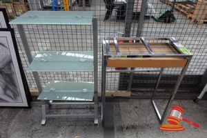 1 X GLASS SHELF UNIT, 4 TIER, STAINLESS STEEL FRAME, FROSTED GLASS SHELVES, APPROX; 350MM D X 650MM W X 1.1M H, 1 X STAINLESS STEEL FRAMED TABLE, APPROX; 370MM W X 600MM D X 1M H, SOME MARKS, BOTH INCOMPLETE