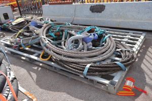 92 · 2 X METAL WIRE COILS, APPROX 20M (POSSIBLY LARGER OR SMALLER), WITH SHACKLES, ON METAL PALLET, APPROX: 3.7M W X 2.2M D