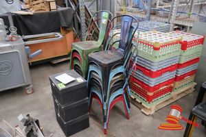 8 · APPROX 12 X METAL DINING CHAIR, INDUSTRIAL STYLE, STACKABLE, VARIOUS COLOURS (DISTRESSED FINISH / WEATHERED)