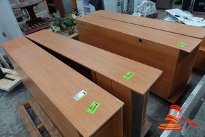 2 · 5 X TIMBER LAMINATE DISPLAY CASES WITH DOWNLIGHTS, APPROX; 860MM W X 300MM D X 2100mm H, APPROX 16 X GLASS SHELVES, APPROX; 730MM W X 260MM D, SOME MARKS, ON PALLETS