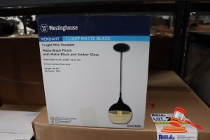 289 · WESTINGHOUSE MINI PENDANT LIGHT, MATTE BLACK FINISH WITH MATTE BLACK AND AMBER GLASS, ADJUSTABLE CORD LENGTH UP TO 50", HEIGHT: 65.55", DIAMETER: 7.87", CODE: 6345935
