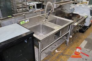 Stainless Steel Double Sink, With Pre-Rinse Spray Unit. Free Standing. Approx L1300 X W700 X H1070mm