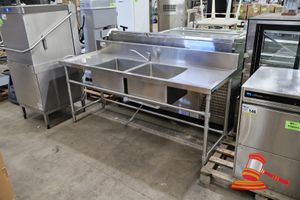 145 · STAINLESS STEEL FREESTANDING SINK WITH 2 X TROUGHS AND SPLASHBACK, APPROX; 2M W X 650MM D X 1M H