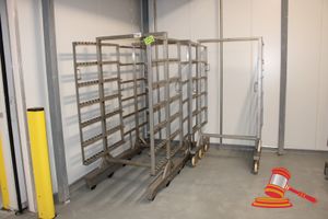 88 · 3 X ASSORTED STAINLESS STEEL 6 AND 7 TIER MOBILE HANGING/DRYING TROLLEYS. APPROX 1010 X 1010 X H1970MM