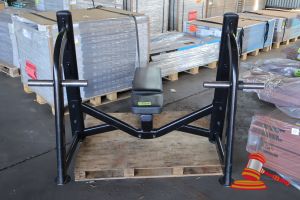 FLAT BENCH PRESS RACK, WITH WEIGHT HOLDERS, SOME MARKS, APPROX; 1.9M L X 1.36M W X 1.1M H, ON A PALLET