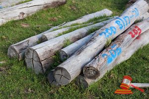 203 · BUNDLE OF 8 X JARRAH STRAINER POST LOGS, 1.7 - 2.1 M LONG, ALL 200mm DIAMETER