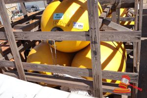 171 · 3 X YELLOW BOUYS WITH HOOK ATTACHMENT, APPROX; 800MM L X 410MM D, SOME MARKS, IN A WOODEN CRATE,