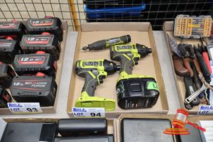 94 · 2 X RYOBI CORDLESS IMPACT DRIVERS, MODEL RID18, 1 X RYOBI CORDLESS ROTARY TOOL, MODEL RRT4, 18V ONE PLUS SYSTEM, 1 BATTERY INCLUDED