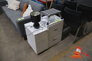 39 · 1 X FILING CABINET, 2 DRAWER, WHITE, WITH CRESCENT HANDLES, WITH LOCK AND KEY (SOME MARKS) 1 X PEDESTAL, 3 DRAWER, WHITE, (SOME MARKS) 1 X TABLE LAMP, BLACK, SPHERICAL BASE WITH BLACK SHADE, UNTESTED 1 X FOLDING STEP STOOL, ALUMINIUM, WITH NON-SLIP TREAD