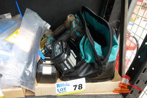 78 · TRAY OF ASSORTED MAKITA EQUIPMENT INCLUDING 2 X CORDLESS IMPACT DRIVERS, 4 X MAKITA BATTERIES , WITH TOOL BAG, UNTESTED