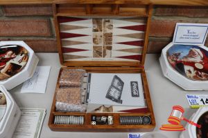 1 X Coca-Cola Branded Wooden Game Set, Includes: Backgammon Board, Checkers, Poker Dice, Chips In Bubble Wrap (Poss Unused)