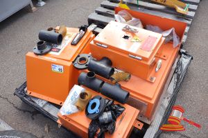 ASSORTED INDUSTRIAL ELECTRICAL EQUIPMENT, INCLUDES; ASSORTED SIZED ORANGE ELECTRICAL BOXES, LARGEST APPROX; 720MM H X 550MM W X 290MM D, ASSORTED FLANGES/PIPE FITTINGS, SOME MARKS/RUST, ON A PALLET