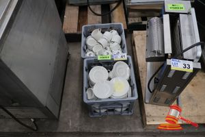 41 · 2 X CRATES COMMERCIAL COFFEE CUPS AND SAUCERS, WHITE CERAMIC, APPROX 100 X CUPS AND SAUCERS (SOME MARKS)