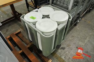 53 · 1 X CAMBRO MOBILE DISH CADDY WITH APPROX 180+ WHITE CERAMIC PLATES. DIAM APPROX 300MM