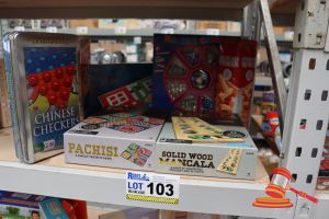 BUNDLE OF TOYS INCLUDING: 1x CHINESE CHECKERS, 1x TRADITIONAL LUDO, 1x MARBLE GAME, 1x PACHISI, 1x SOLID WOOD MANCALA, 1x JUMBLING TOWER AND 1x BACKGAMMON, ALL UNOPENED