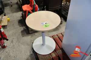 63 · 1 X LINAK HEIGHT ADJUSTABLE TABLE, ROUND TOP WITH WHITE PEDESTAL BASE, MODEL: DL11000D0E650560, APPROX 600 MM DIAMETER (UNTESTED)