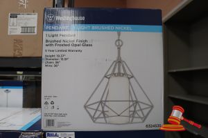 WESTINGHOUSE PENDANT LIGHT, BRUSHED NICKLE FINISH WITH FROSTED OPAL GLASS, HEIGHT: 19.37", DIAMETER: 15.91", CHAIN: 36", WIRE: 36", CODE: 6324535