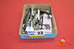 22 · TRAY OF ASSORTED HAIRDRESSING SCISSORS, RAZORS ETC
