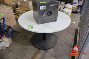1 X Round Table, White Top, Black Pedestal Base, Approx 1.2m Diameter (Some Marks)