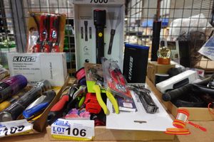 Various Gardening Equipment Including Secateurs, Netting Pliers Trowels, Garden Pruners Torch And Kings 12 Ah Power Pack